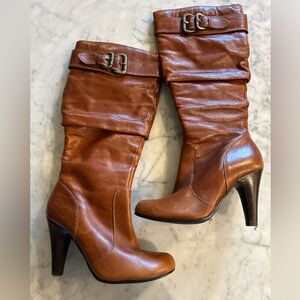 Women’s ALDO Wistful Tall Tan Brown Boots Heels w/ Zipper and Buckle Sz 36 6